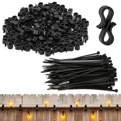 POXIAOER Lot de 100 crochets de gouttière pour éclairage extérieur, 100 clips de gouttière et 100 serre-câbles, mini crochets en S en plastique pour accrocher des guirlandes lumineuses, des lumières