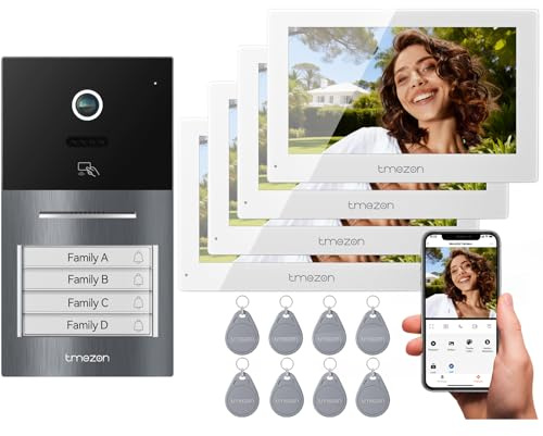 TMEZON Visiophone connecté Filaire 2 Fils Y70,Interphone Vidéo WiFi avec IP Moniteur écran Tactile,Sonnette de Caméra Vision Nocturne,APP Unlock à Distance,Badges,Detection Humaine,4 Familles