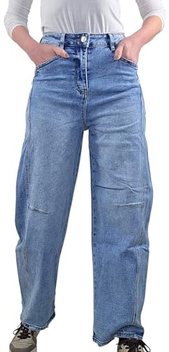 Jewelly Vaqueros Barrel, Pierna Ancha, Largo Cropped/Regular, Holgado, Denim Elástico, Cintura Alta, Estilo Mom Jeans, XS
