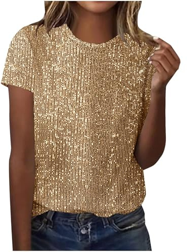 Haut à paillettes pour femme à manches courtes avec col rond scintillant, haut de fête, décontracté, chemisier pour occasions festives, mode de soirée et célébrations, confortable, coupe ample, taille