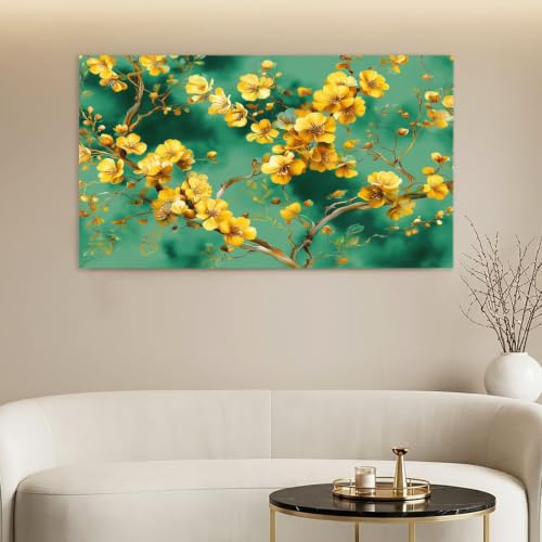 Träram traditionellt kinesiskt canvastryck, affischmålning väggdekoration - blommor plommonträd grenar blad, målning väggdekoration vardagsrum sovrum - 90 x 60 cm