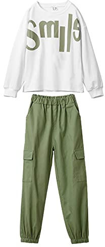 amropi 2 PCS Set Completo Ragazze Tuta a Righe Felpa Top + Jogging Pantalonio Bianco Verde,7-8 Anni