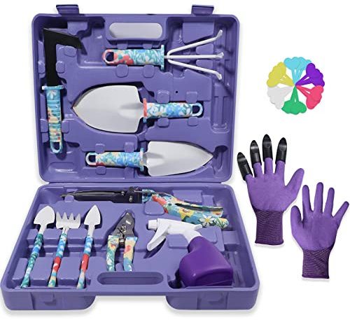Juego de Herramientas de jardín, 30 Herramientas de jardinería con Estampado Floral, Mango ergonómico Paleta, rastrillo, podadora de esquiladoras, Guantes de Jardinero, Kit de Herramientas de Mano de