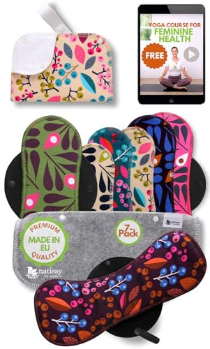 Compresas reutilizables en algodón orgánico para flujo menstrual ligero y abundante (S+M+L+XL, 7 uds); lavables a alta T°, HECHAS EN LA UE; suaves, no irritantes y cómodas, compresas tela para mujeres