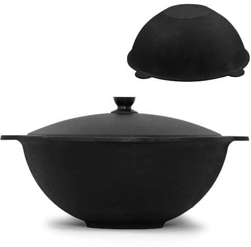 4BIG.fun Kazan - Pot pivotant en fonte - 8 l - Avec couvercle en aluminium - Fond plat - Usbek - Bascule - Namangan Kazan Uzbek Asia Wok