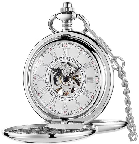Double Hunter Montre de Poche mécanique à Double Ouverture à la Main Montre à Gousset élégante Boîtier argenté Montres et Coffret Cadeau pour Homme et Femme