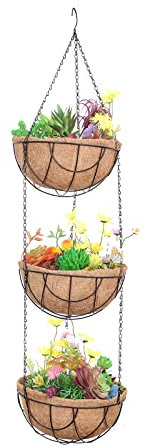 HYLYING 3-Tier Hanging Plant Basket Flower Holder, Hanging Planters Baskets with Coco Coir Liner Plant Holder Porch Pots Hanger Garden Decoration