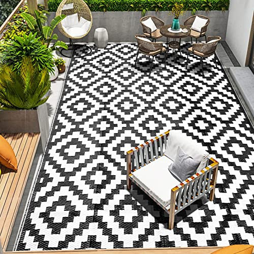 JYHCD Outdoor Teppich Wasserfest Kunststoff Outdoor-Wendeteppich Schwarz+Weiß,Picknickdecken Campingteppich Leicht Faltbar Outdoorteppich Für Garden Beach RV Deck,270x360cm/9x12ft