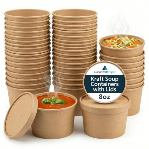 Nationwide Paper 100 Pcs-8oz Brown Kraft Disposable Takeaway Soup Containers with Lids Paper Soup Cups Disposable Takeaway Tubes for Soup-240ml