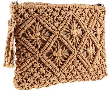 PACKOVE 1 Pieza De Bolso Tejido Embrague Tejido Bolso De Mano De Playa o De Algodón De Cuerda De Mano Hueco De Mano Con Borla Caqui s De Señora
