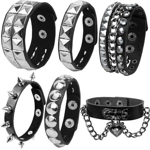 LAPOHI 6 PCS Leather Bracelets for Men Women Punk Goth Rock Spiked 80s Stuff Cool Metal Studded Accessories Black Cuff Wristband for Party Cosplay Night Club Sexy Gift Halloween