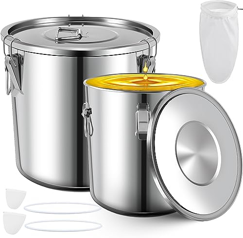 Layhit 2 Pcs Fryer Grease Bucket 6 Gal 8 Gal Oil Disposal Caddy Steel Fryer Oil Bucket Leakproof Lid and Lock Clips Rustproof Coating Grease Transport Container with Strainer Bags for Filtering