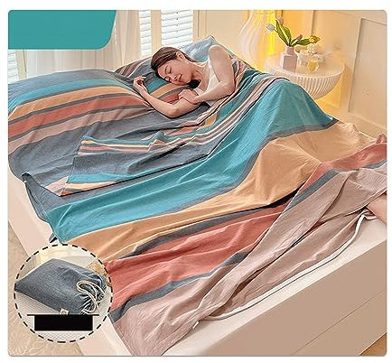 RUZGAR Hüttenschlafsack aus 100% Gewaschene Baumwolle Karierte Streifen Hüttenschlafsack mit Reißverschluss Leichter Einfach Doppelt Schlafsack Innenschlafsack(A,200x210cm-78x82)