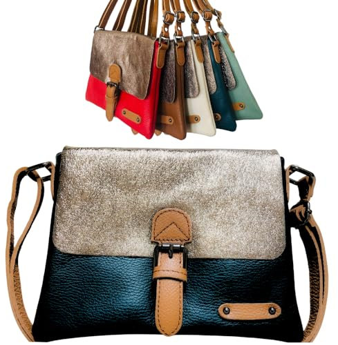 miskua Sac en cuir italien avec rabat brillant | Sac à bandoulière femme | Sac en cuir décontracté | Sac messager | Sac vintage | Bandoulière mulitpoches 30x23cm (Noir)