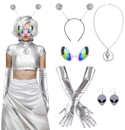 SelfTek Alien Kostüm Set für Erwachsene, 5 Stück Space Kostüm Weltraum Kostüm, Alienhaarreif Alienbrille Karneval Costume für Halloween Cosplay Maskerade Karneval