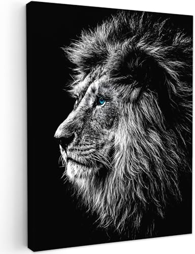 MuchoWow© Leinwandbild Dekoration Wohnzimmer Bilder Aufhängen Wall - Tiere | 50x70 cm - Decoration Living Room Wohnungs Deko Moderne Schwarz und Weiß - Löwe - Kopf