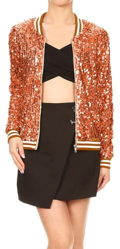 ANNA-KACI Damen Pailletten Rib Rop Langarm Reißverschluss Bomberjacke Jacke, Orange, Large