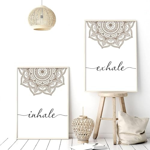 MHLCMG Leinwand Malerei Mandala Yoga Beige Inhale Exhale Bilder Wandkunst Minimalistisches Poster Kunstdruck Bild Wand Wohnzimmer Schlafzimmer Dekor Kein Rahmen (2X60X90CM,2)