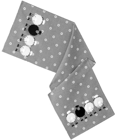 Tischdecke Schwarzes Schaf Ostern Deko Tischwäsche mit Applikation Leinen-Optik Bestickt Osterdeko Gedeckter Tisch Tischdeko Typ885 Tischläufer 40x140 cm grau