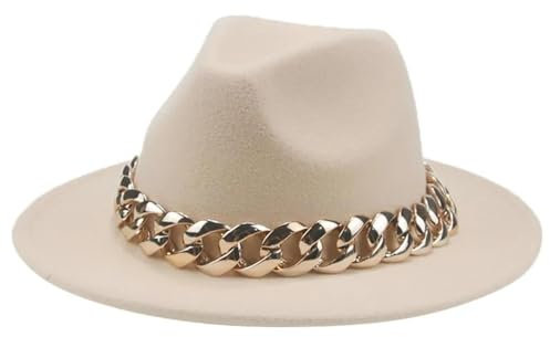 SOYNIA Fedora Trilby Filzhut Hut Damen-Hut Breite Krempe Dicke Goldkette Fascinator-Hüte Für Herren Und Damen Panama-Cowboyhut 60–62 cm (XL) Beige