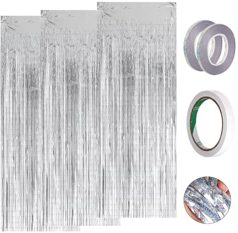 ZHXGO 3 Stück Glitzer Vorhang Party Deko, 1mx2m Luftschlangen Dekoration Hintergrund mit 2 Rollen Silberband und 1 Rolle Doppelseitigem Klebeband, Lametta Vorhang Silber für Hochzeit, Abschlussfeier