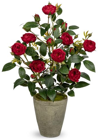 Briful Künstliche Blumen Kunstrosen Kunstblumen Wie Echt Rote Dekoblumen Rosenbusch Höhe 38 cm, im Zememttopf Klein Kunstblumen Deko für Bad Büro Hotel Restaurant