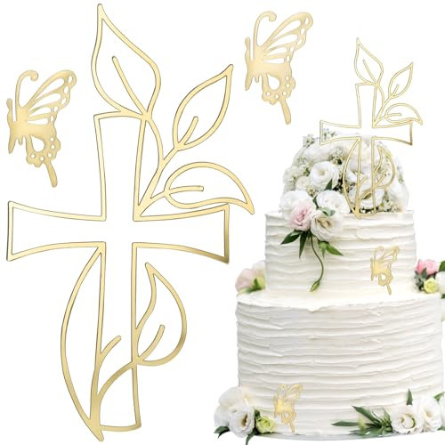 SPEACOUR 3 PCS Décoration de Gâteau en Acrylique Or, Decoration Cake Topper Papillon, Cake Topper Bapteme Croix, Gâteau Topper Personnalisée pour Décoration Gateau Anniversaire, Gateau Mariage