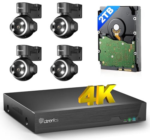 【4K 8MP+ 2T HDD】 Ctronics Kit Kamaras de Vigilancia Exterior 4K, 4X 8MP PoE con Detección Detección de Mascotas/Vehículos/Humanos, NVR 8CH con HDD 2TB, Visión Nocturna IR 25M, Audio Bidireccional.