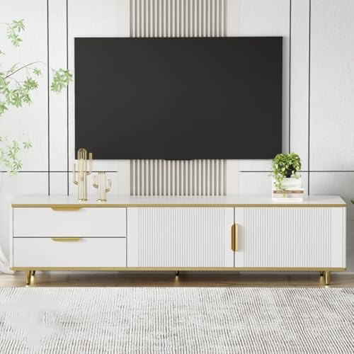 KOMHTOM Meuble TV bas blanc avec deux tiroirs et portes, meuble TV moderne pour salon, chambre à coucher (blanc)