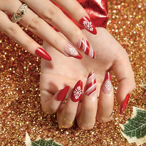 Caiguoer 24 PCS Noël faux ongles rouge court ovale faux ongles flocon de neige Glitter femme presse ongles (B, Une taille)