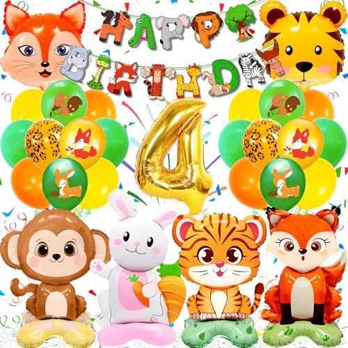 Zaztytoy Waldtiere Geburtstag Deko für 4 Jahre – Wiederverwendbarer 3D-Heliumballon (40 x 60 cm), langlebig & sicher, perfekte Deko für Kindergeburtstagsfeiern.