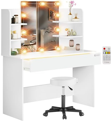 Casaria® Schminktisch mit Spiegel LED Beleuchtung Hocker Fernbedienung Schublade beleuchtet Organizer Weiß Frisiertisch 110 x 40 cm Kosmetiktisch Holz