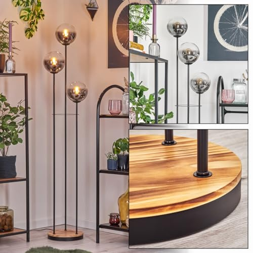 HOFSTEIN Stehleuchte Gastor, Stehlampe aus Metall/Holz/Glas in Schwarz/Hellbraun/Rauch/Klar, moderne Leuchte im Retro/Vintage-Design (Ø 15 cm), Fußschalter, 150 cm, E14, Wohnzimmer, Schlafzimmer, Flur