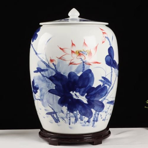 HOLGVE Ceramic Rice Bucket, Ceramic Rice Container with Lid, Rice Cylinder Rice Jar, Sealed Food Storage Container, Grain Dispenser, Retro Rice Storage Box, for Flour, Corn, Tea(White-B,25KG)