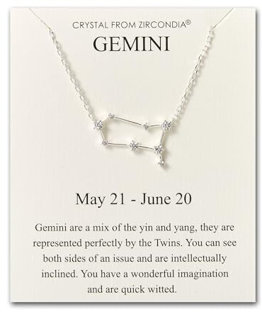 Philip Jones Gemini Star Sign Zodiac Constellation Necklace and Quote Card with Zircondia® Crystals
