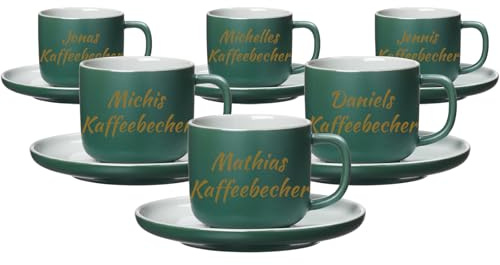 LUXENTU Personalisierte Kaffeetassen mit Untertassen Jasper 6er Set, 200 ml, Goldgefärbte Gravur auf Tassen, 2-zeiliger Gravurbereich für individuellen Text, Steinzeug, Grün