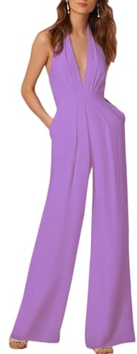 nicticsi Hang Neck Tuta Scollo a V Sexy Tinta Unita Tuta con Pantaloni Lungo Vestito Abito Cerimonia da Donna Elegante Casual Party B-Viola Chiaro L