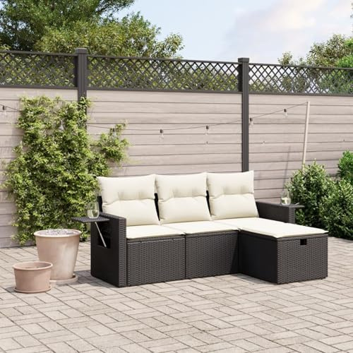 IKAYAA 4-TLG Balkon Lounge Gartenlounge Rattan Sofa Sitzecke Balkon Loungemöbel Schwarz und Creme