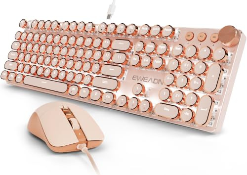 Wired Typewriter Keyboard and Mouse Combo, Low Noise Pink Switch-Rose Gold | White Backlit, Retro Punk Keycaps, Metal Panel Mechanical Keyboard with Knob for Windows PC, Mac, Desktop, Laptop, EWEADN V20