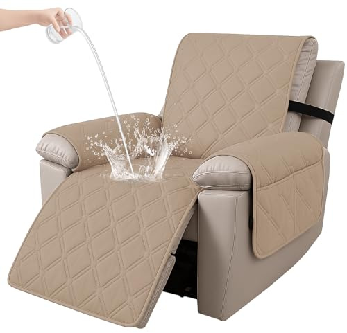 Ystyle Sesselschoner für Fernsehsessel, 100% Wasserdicht 1 Sitzer Sesselschoner mit Taschen Armlehne, rutschfest Sesselauflage Relaxsessel Anti-Rutsch Waschmaschinenfest, Khaki