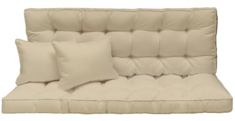Hollywoodschaukel Auflage 180x50 cm - 3-Sitzer Set: Sitzkissen und Rückenkissen – gesteppt & dick gepolstert 10 cm – Kissen für Gartenbank, Palettenbank, Balkonbank & Terrasse – Farbe: Beige [133]