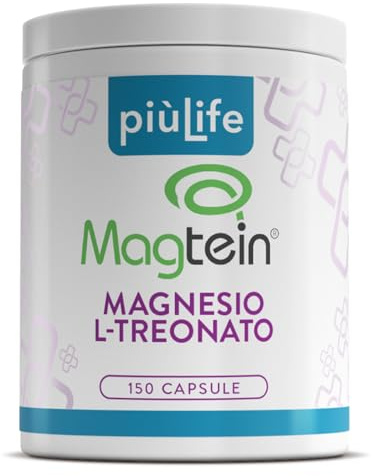Magnesio Treonato Magtein 2000 mg PiùLife, 150 Capsule | 5 al giorno, 164 mg Magnesio Puro Elementare, Supporto Cognitivo, Memoria e Concentrazione, Senza Glutine e Lattosio