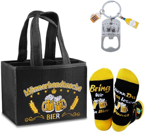 Belillpipi Männerhandtasche Bier lustige Geschenke für Männer, Flaschenträger 6 Flaschen mit Bier Socken Schlüsselanhänger Flaschenöffner, Geburtstag Geschenke für Männer Vater Opa Freund (Manbag_ZH)