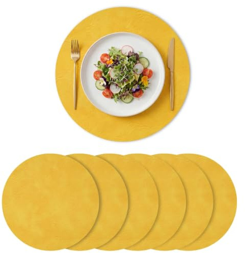 Artoid Mode Set de 6 manteles Individuales Redondos de Piel sintética PU Amarillo, 38 cm, repelentes a la Suciedad, Resistentes al Calor, manteles Individuales Decorativos para la Cocina.