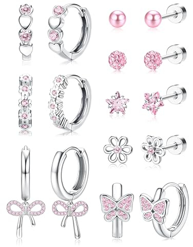 KRFY 6-8 Pares Pendientes Niña Acero Quirurgico Hipoalergenicos Juego Pendientes Rosca Pequeños Aros Colgantes CZ Multicolor Rosa Corazón Flor Mariposa Perla Imitación Regalo Joyería Mujer Niña