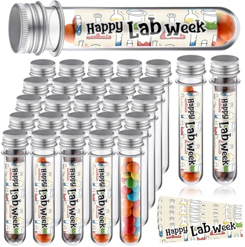 LOYIM 50 Set Lab Week Gifts Bulk Science Party Favors 45ml Plastic Test Tube with Cap Happy Lab Week Sticker 25x140mm Clear Test Tube for Candy Storage Laboratory Student Science Party Decoration