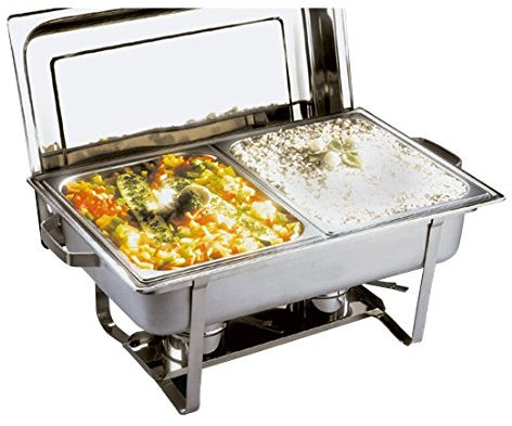 'Chafing Dish Buffet de acero inoxidable con subdivisión, incluye 2 x GN 12 recipientes de 65 mm de profundidad, 2 recipientes para pasta combustible, agua Platillos, tapa, estructura con