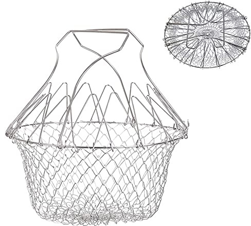 Xrten Faltbar Frittierkorb, Frittierkorb Sieb Multifunktional, Edelstahl Frittierkörbchen für frittierte Lebensmittel, Waschen von Obst, Gemüse (Silber)