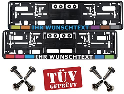 2er-Set Kennzeichenhalter Schwarz mit Wunschtext für alle PKW´s geeignet Beschriftung Bedruckt (Keine Folie) mit 8 Schrauben Waschanlagenfest, UV- und Witterungsbeständig