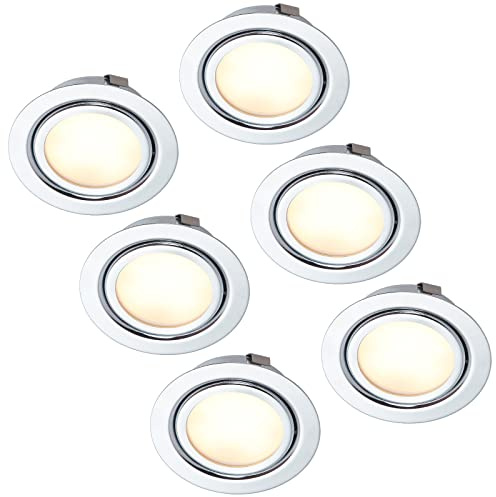 HCFEI 6er Set LED Slim Möbel Einbaustrahler | Chrom glänzend | 230V 3W | Neutralweiß 4000K | Bohrloch: 55-60mm - Außendurchmesser: 73mm - Einbautiefe: 25mm | 15cm Anschlusskabel